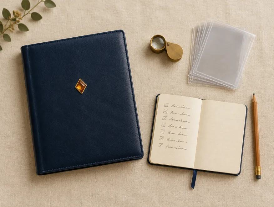A binder, a loupe, card sleeves and a checklist laid out on linen